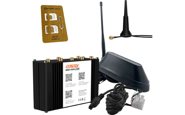 Goldfarbener SIM-Karten-Träger mit Aussparungen; schwarzes rechteckiges Metallgehäuse mit mehreren goldfarbenen SMA-Anschlüssen und weißem Etikett mit QR-Codes; zwei schwarze Antennen und angeschlossene Kabel mit Steckverbindern