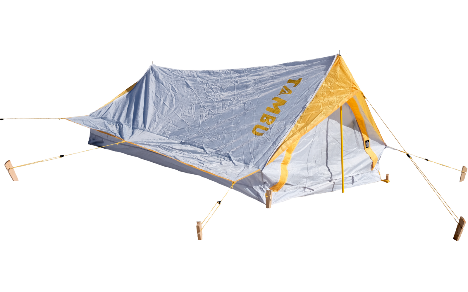 Gray-and-yellow tent staked out with ropes and wooden pegs, isolated on a white background