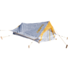 Gray-and-yellow tent staked out with ropes and wooden pegs, isolated on a white background