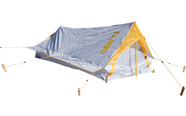 Gray-and-yellow tent staked out with ropes and wooden pegs, isolated on a white background