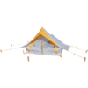 Yellow-gray triangular tent with open front; guy lines stretched to wooden blocks