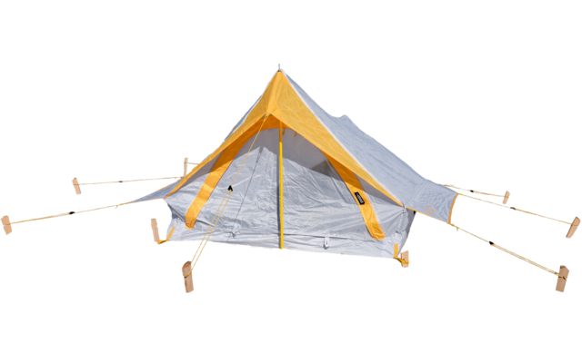 Yellow-gray triangular tent with open front; guy lines stretched to wooden blocks