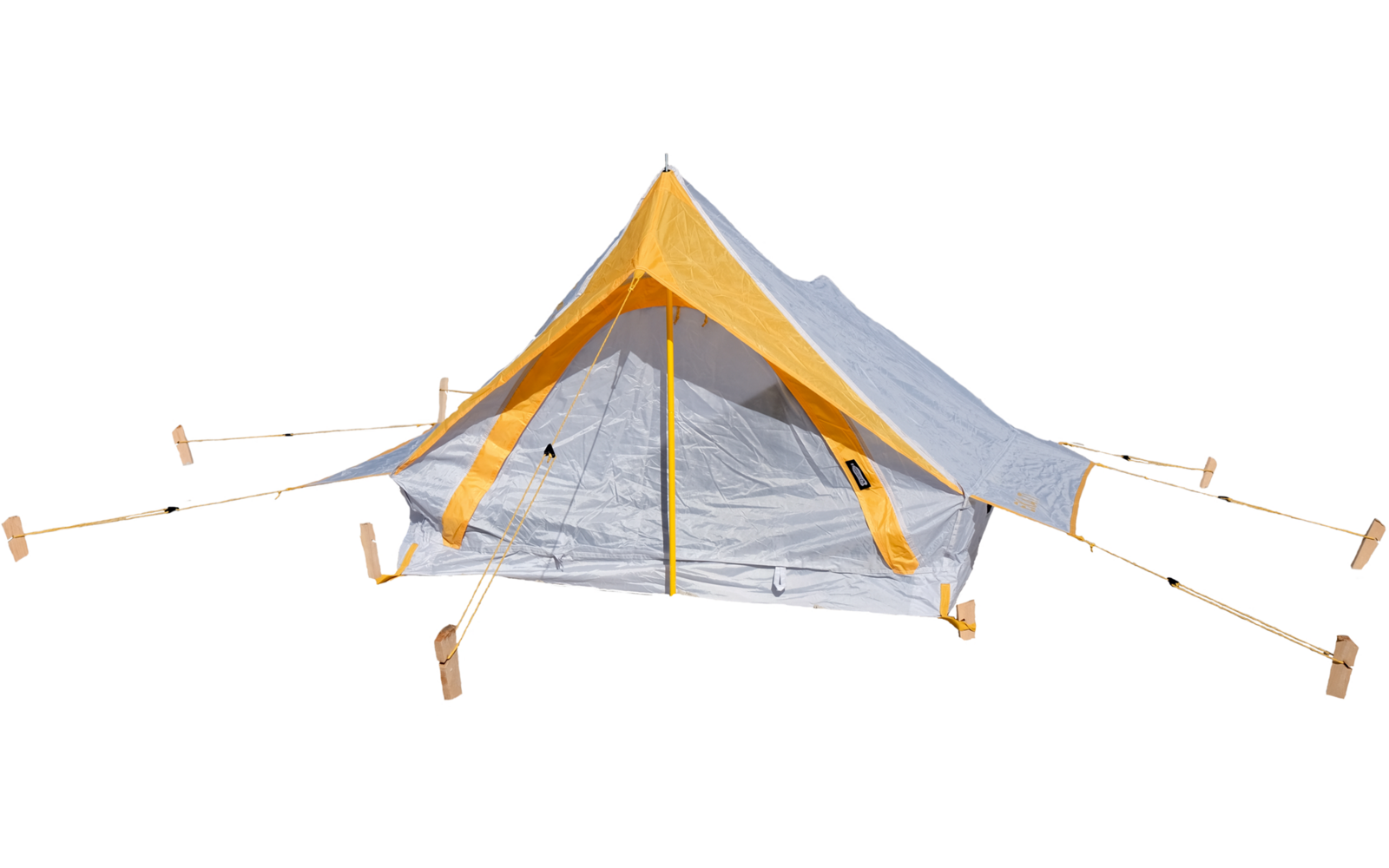 Yellow-gray triangular tent with open front; guy lines stretched to wooden blocks