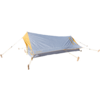 Light-blue, low-profile tent with yellow guy lines and several wooden stakes, one side pitched up
