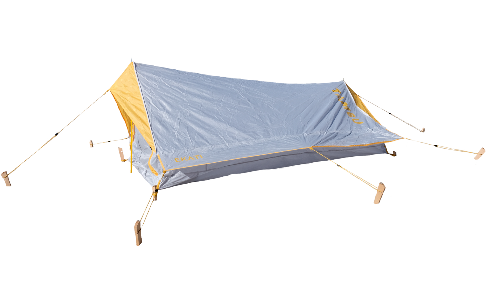 Light-blue, low-profile tent with yellow guy lines and several wooden stakes, one side pitched up