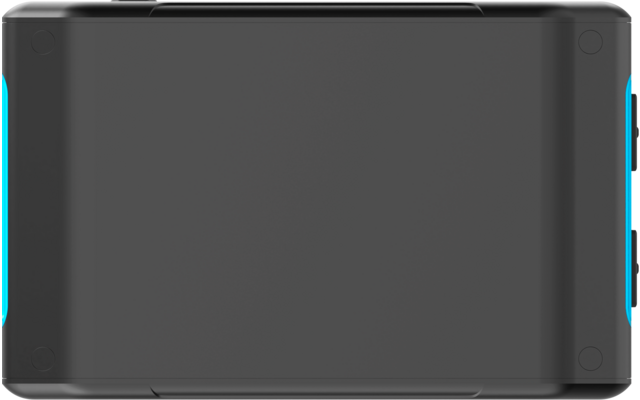 Plattes schwarzes rechteckiges Objekt mit abgerundeten Ecken und dünnem Rahmen, türkise Akzentstreifen links und rechts auf weißem Hintergrund