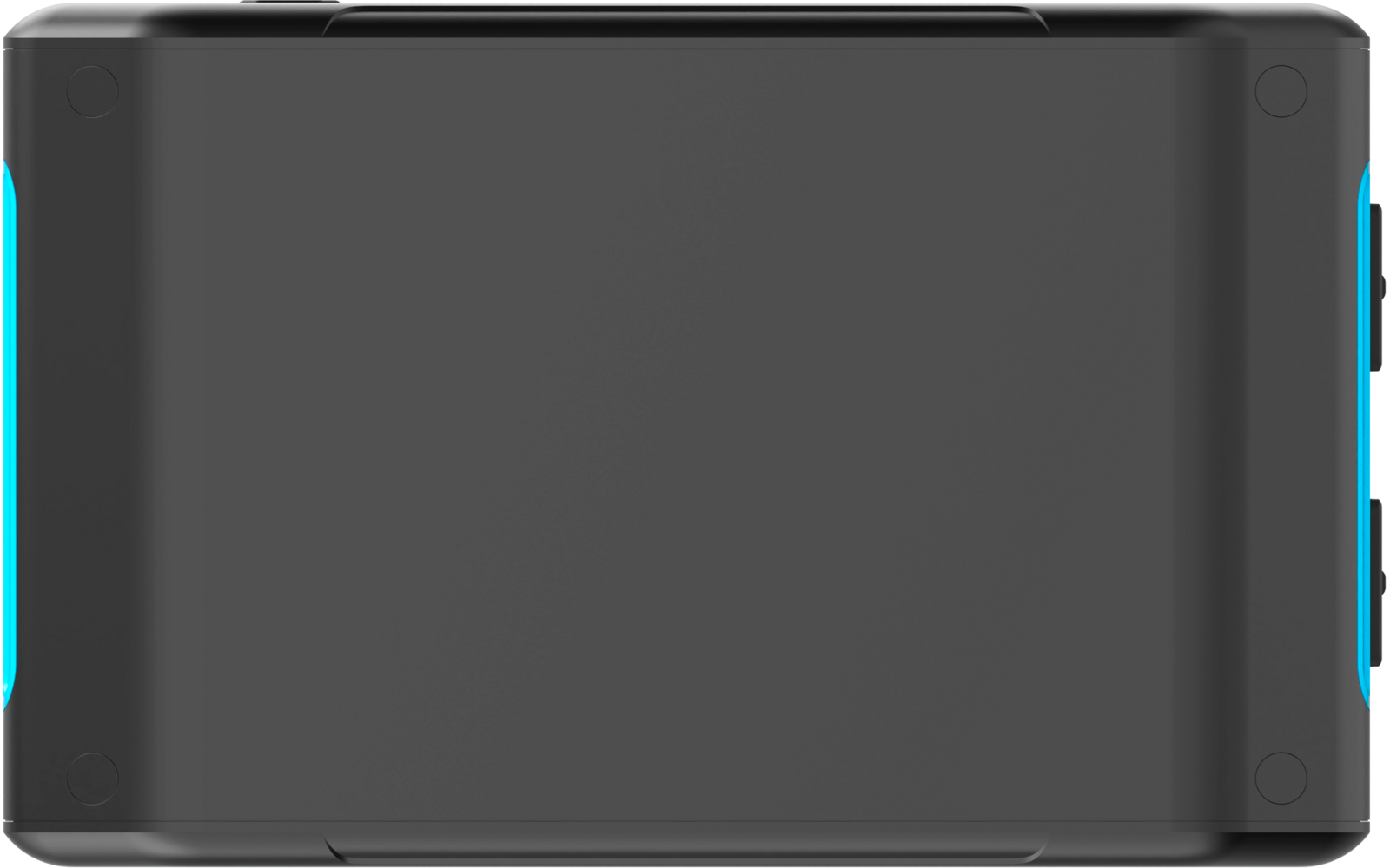 Plattes schwarzes rechteckiges Objekt mit abgerundeten Ecken und dünnem Rahmen, türkise Akzentstreifen links und rechts auf weißem Hintergrund