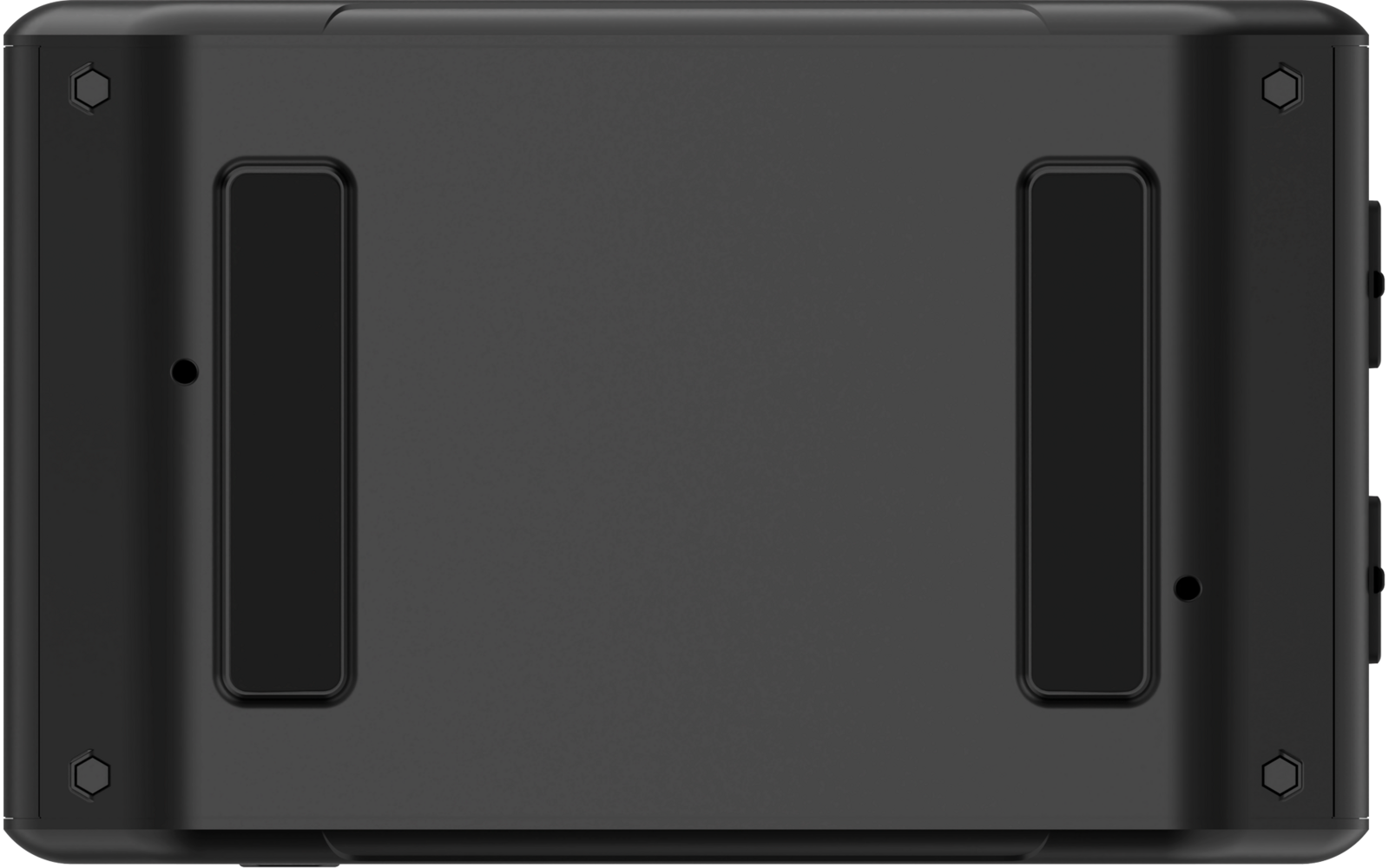 Schwarzes rechteckiges Gerät mit zwei länglichen dunklen Gummistreifen mittig, vier sechseckigen Einbuchtungen in den Ecken, zwei kleinen runden Löchern auf der Fläche und zwei hervorstehenden rechteckigen Elementen an der rechten Kante