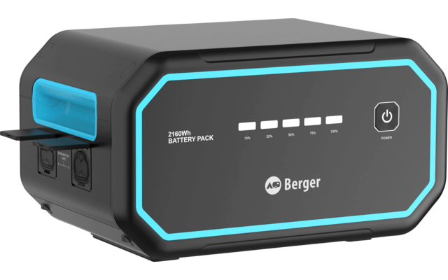 Schwarzer rechteckiger Akku-Pack mit türkisfarbener Umrandung, LED-Ladeanzeige, Ein-/Aus-Schalter, Berger-Logo, seitlichem Tragegriff und links sichtbaren Anschlüssen