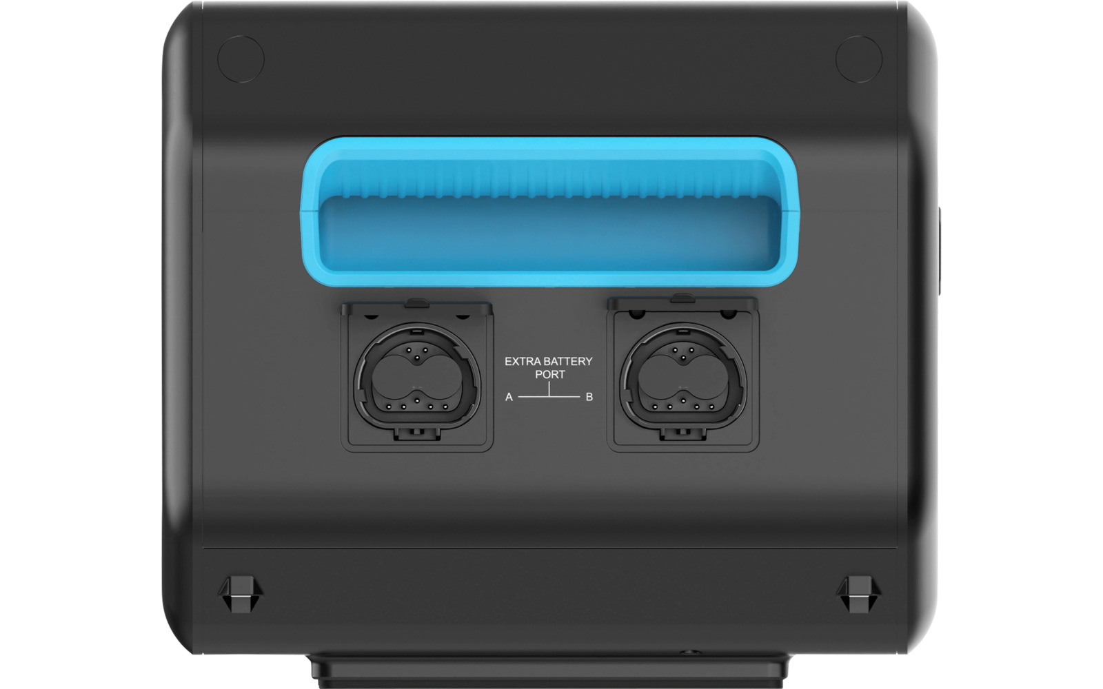 Schwarzes rechteckiges Gerät mit blauem eingelassenem Griff oben, zwei runden Anschlussabdeckungen darunter und der Beschriftung 'EXTRA BATTERY PORT A B' zwischen den Anschlüssen