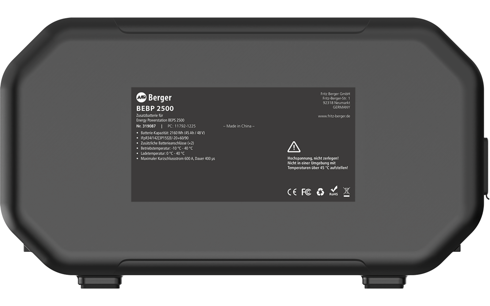 Schwarzes, abgerundetes rechteckiges Batteriegehäuse mit mittigem Etikett 'Smart Extra Battery', kleingedruckten technischen Angaben und Prüfzeichen