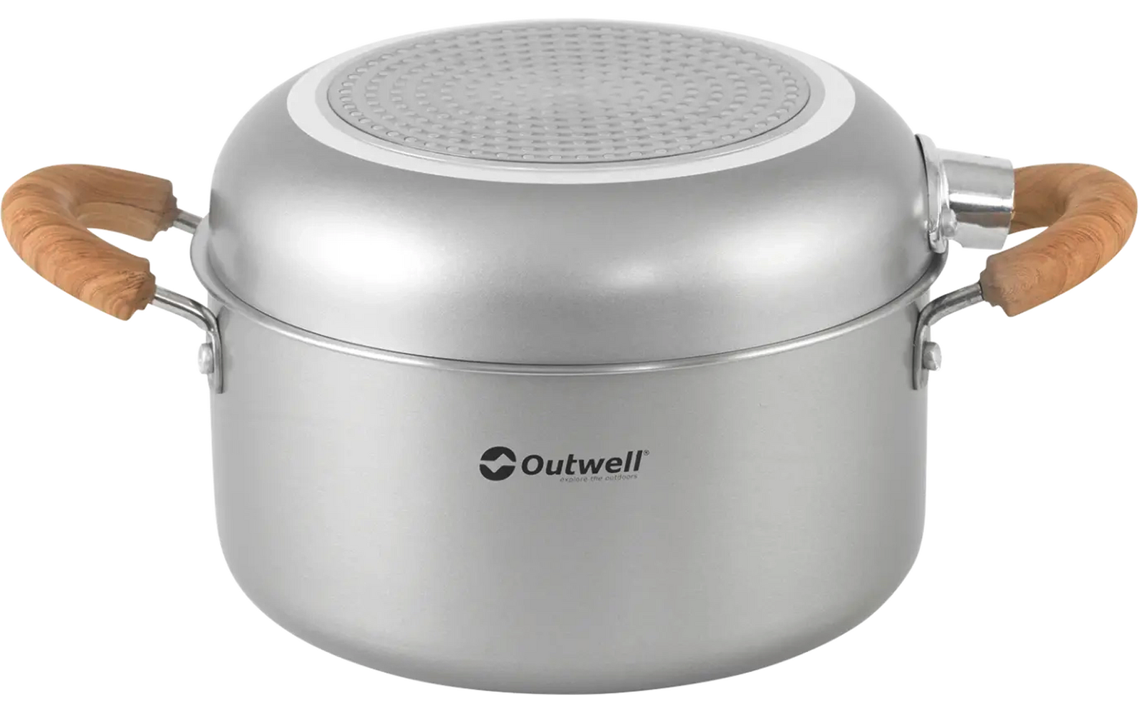 Grijze kookpan met houten handgrepen en deksel