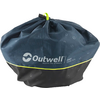 Opgevouwen rond blauw-zwart tent met gele accenten en Outwell-logo