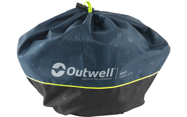 Opgevouwen rond blauw-zwart tent met gele accenten en Outwell-logo