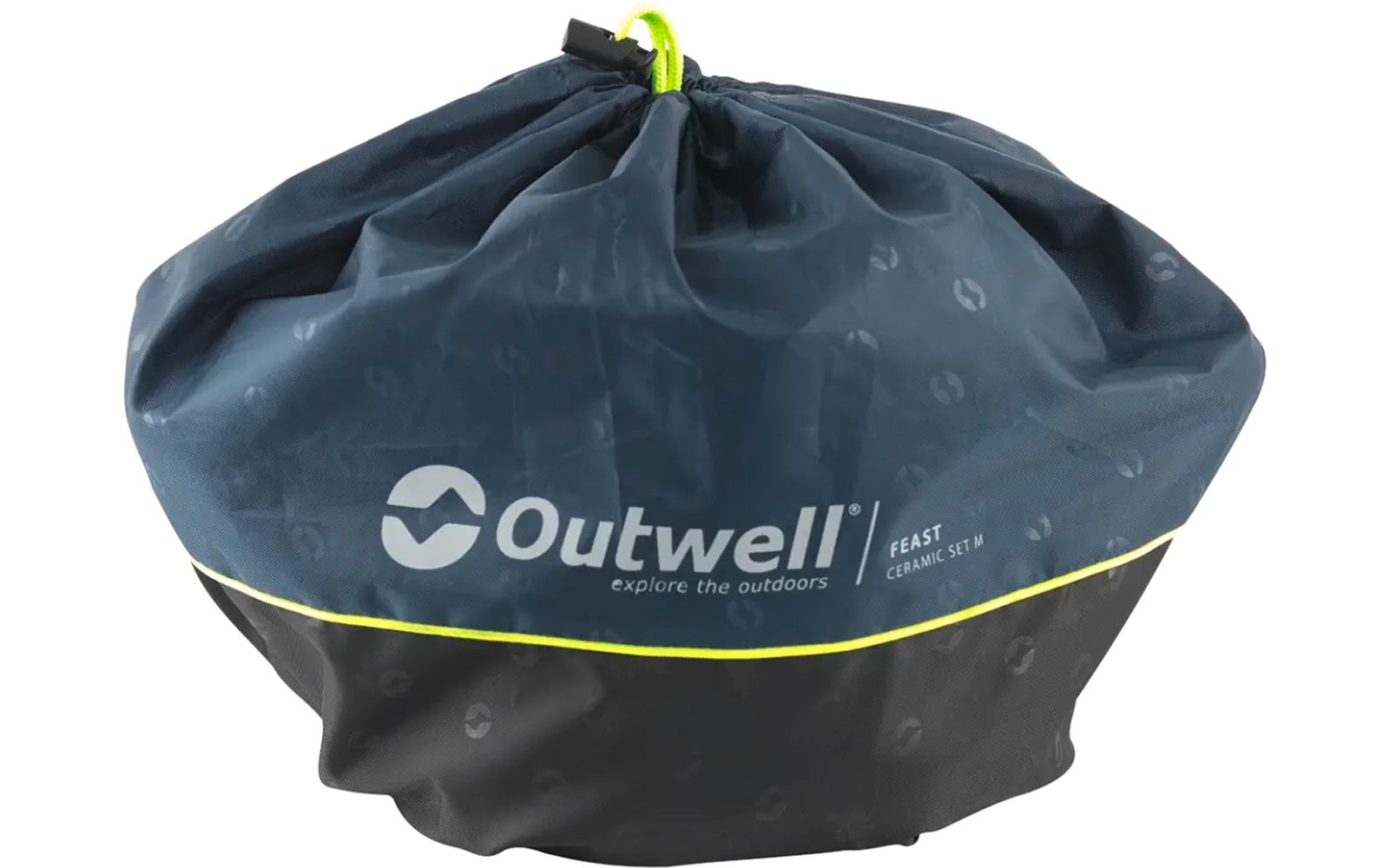 Opgevouwen rond blauw-zwart tent met gele accenten en Outwell-logo