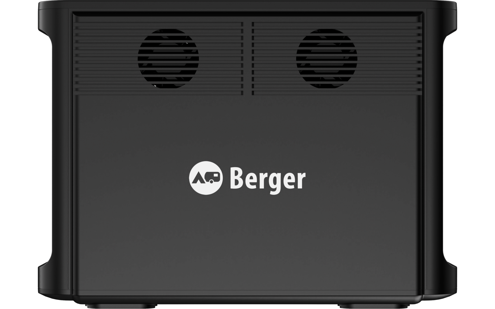 Schwarzes rechteckiges Objekt mit zwei runden Gittern oben und weißem Schriftzug "Berger" in der Mitte