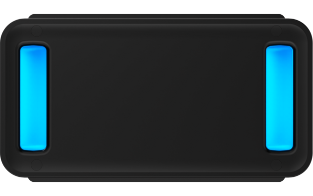 Schwarzes, horizontal ausgerichtetes Rechteck mit abgerundeten Ecken und zwei vertikalen, leuchtend blauen länglichen Einsätzen links und rechts