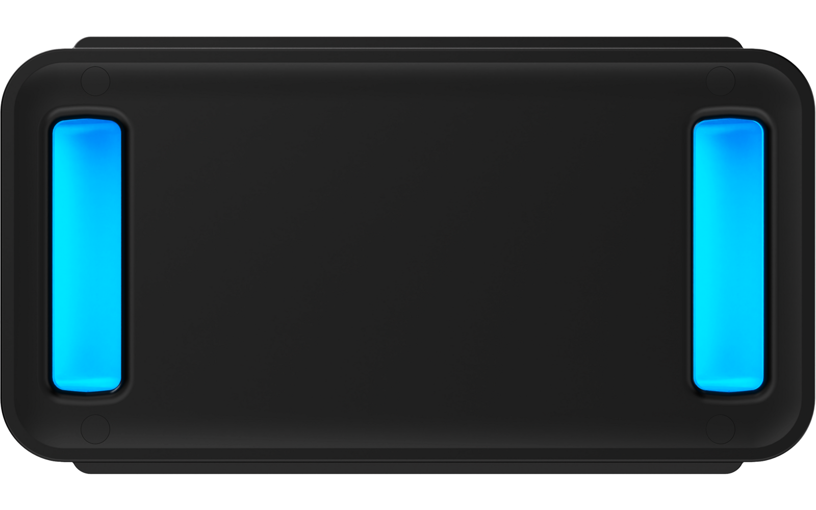 Schwarzes, horizontal ausgerichtetes Rechteck mit abgerundeten Ecken und zwei vertikalen, leuchtend blauen länglichen Einsätzen links und rechts
