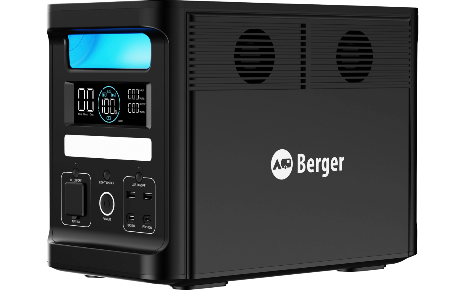 Schwarzes rechteckiges Gerät mit digitalem Display, Tasten und Anschlüssen an der Vorderseite, zwei runden Lüftungsöffnungen und 'Berger'-Logo an der Seite