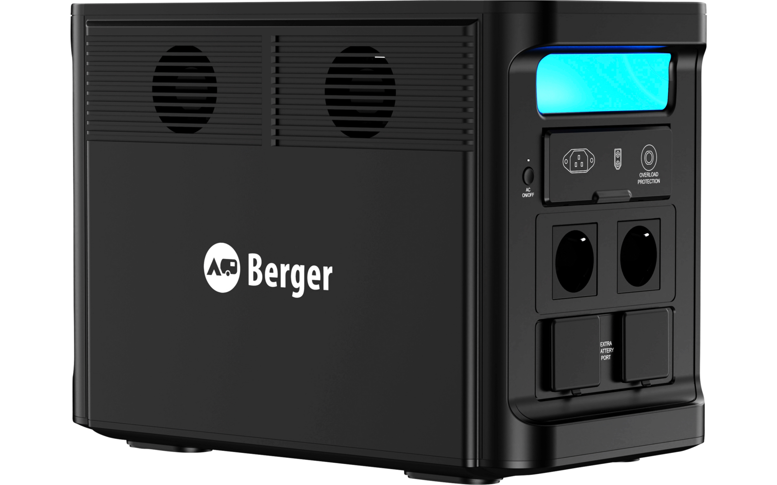 Schwarzes rechteckiges Gerät mit weißem "Berger"-Logo, zwei runden Lüftungsöffnungen oben links, rechts ein hellblau leuchtendes Display, zwei runde Steckdosen und mehrere Schalter/Abdeckungen