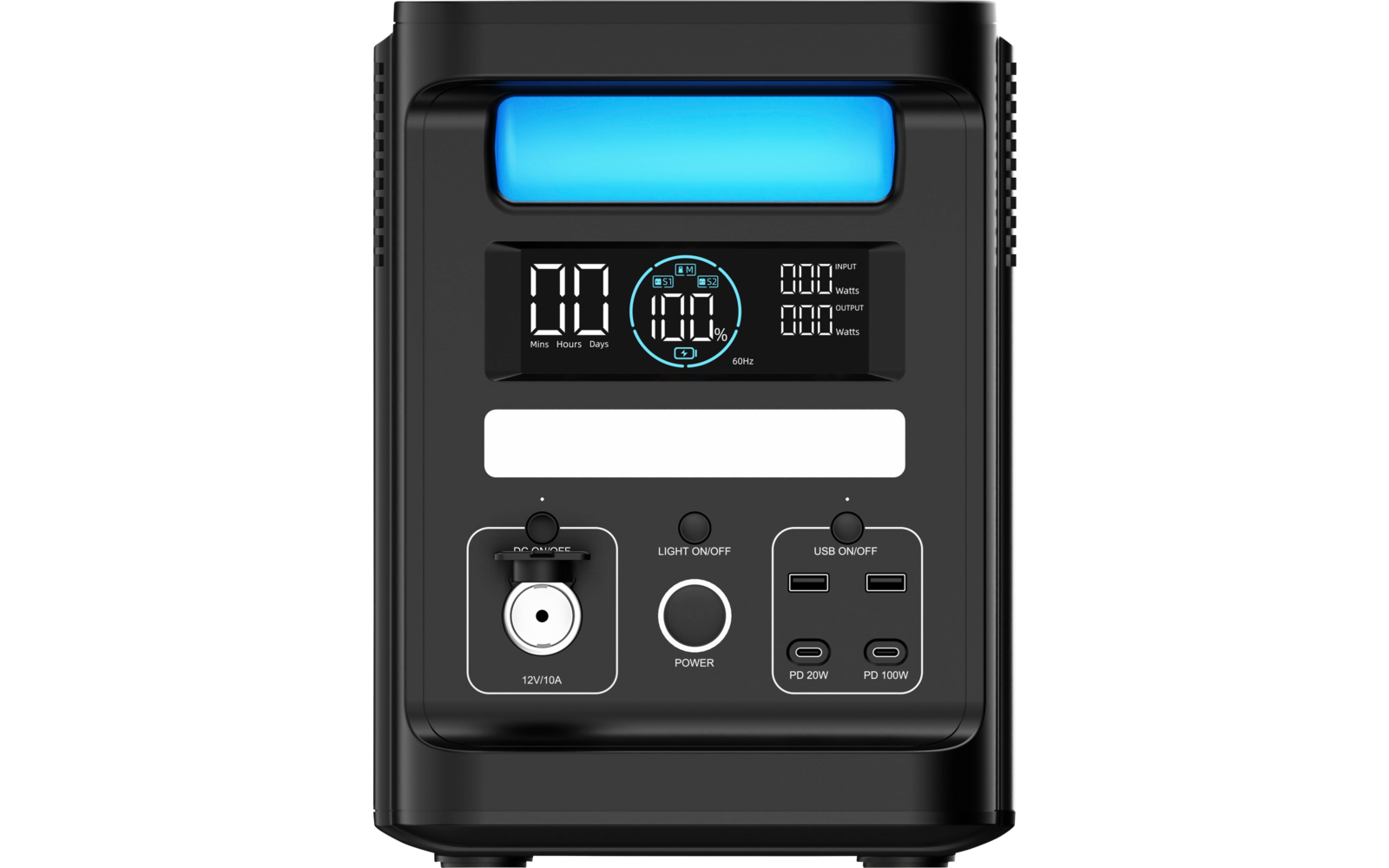 Schwarzes rechteckiges Gerät mit blau leuchtendem Feld oben, mittig Display mit '00' und kreisförmiger '100%'-Anzeige, weißes Rechteck darunter, links runder '12V/10A'-Anschluss, Knöpfe mit 'LIGHT ON/OFF' und 'USB ON/OFF', zwei USB-C-Ports 'PD 20W' u