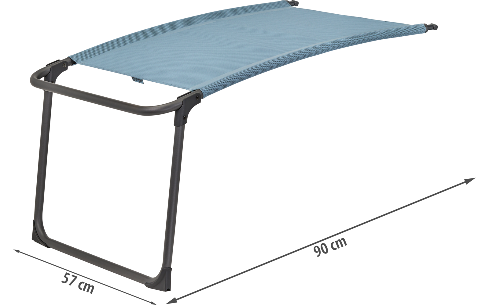 Blauer Sonnenschutz mit schwarzem Metallgestell und Maßen