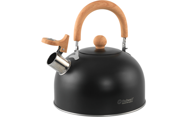 Zwarte waterkoker met houten handvat en fluit