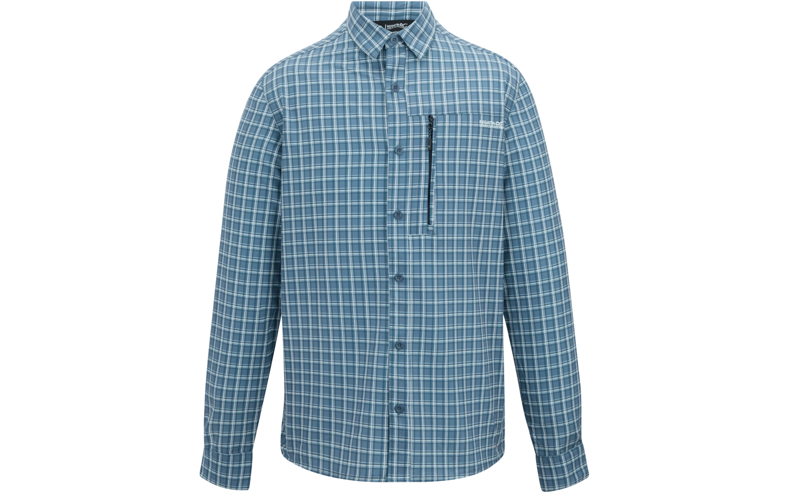 Blau kariertes langärmliges Hemd mit Kragen, durchgehender Knopfleiste und Reißverschlusstasche auf der linken Brust