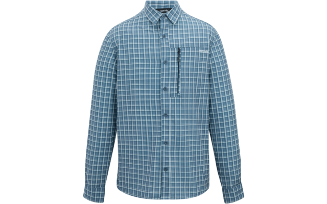 Blau kariertes langärmliges Hemd mit Kragen, durchgehender Knopfleiste und Reißverschlusstasche auf der linken Brust