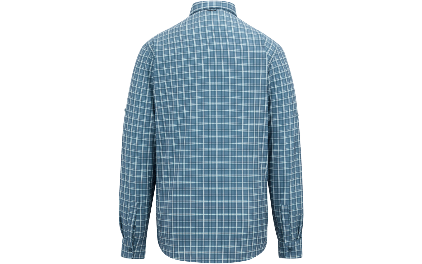Rückansicht eines blauen, weißkarierten Hemds mit Kragen und langen Ärmeln