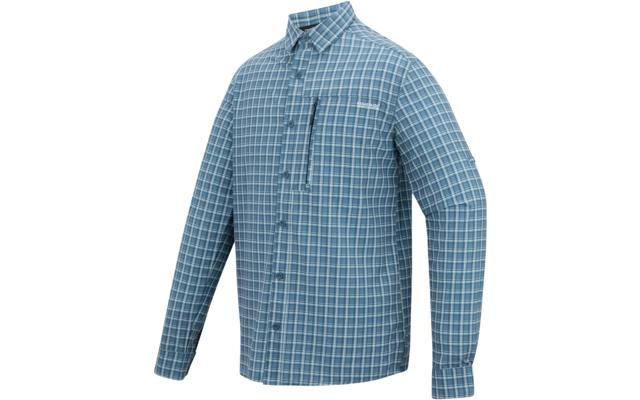 Hellblaues, kariertes Langarmhemd mit weißem Karomuster, Kragen, durchgehender Knopfleiste und vertikaler Reißverschlusstasche auf der linken Brust
