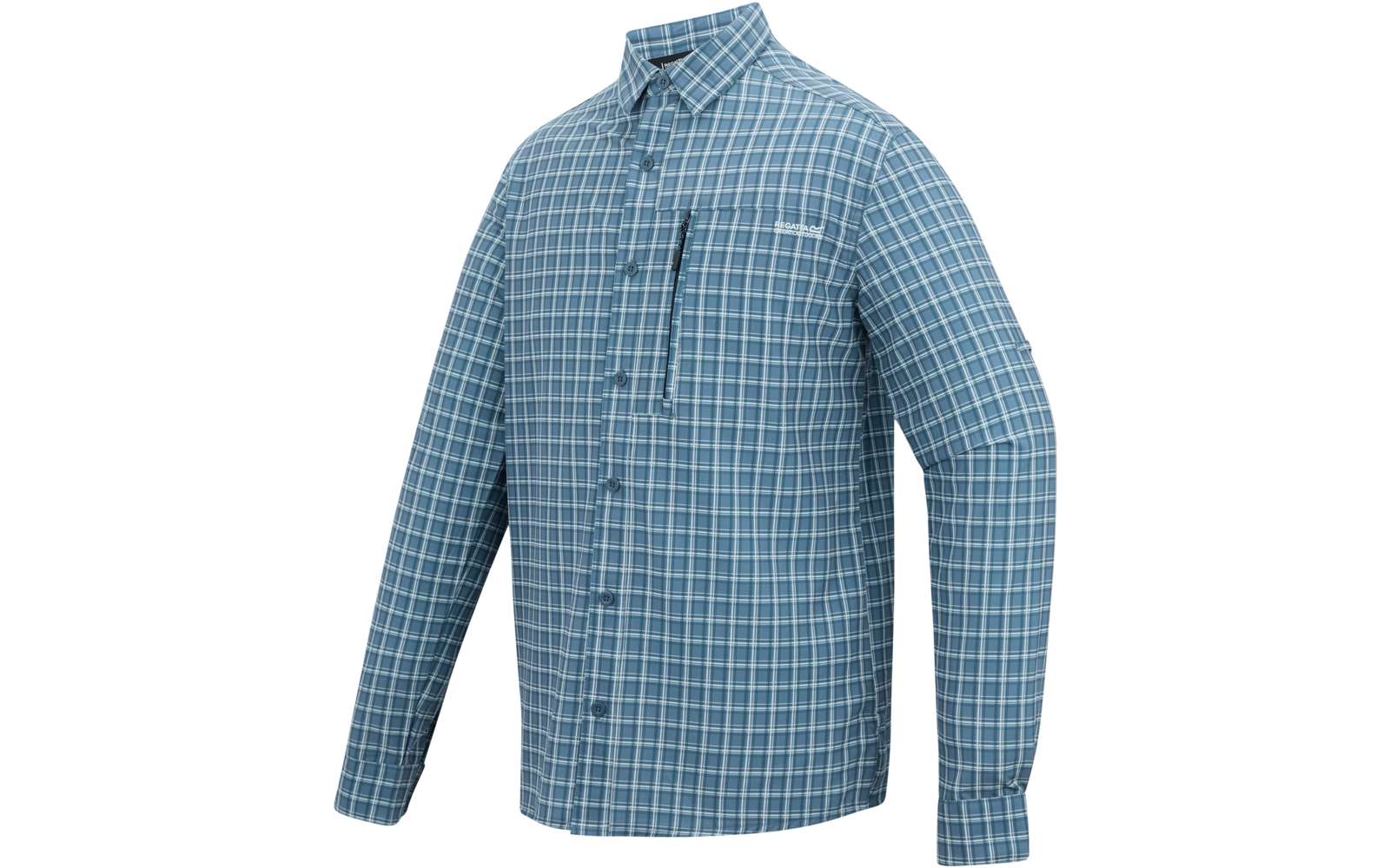 Hellblaues, kariertes Langarmhemd mit weißem Karomuster, Kragen, durchgehender Knopfleiste und vertikaler Reißverschlusstasche auf der linken Brust