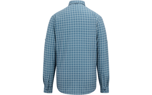 Rückansicht eines blauen, weißkarierten Hemds mit Kragen und langen Ärmeln