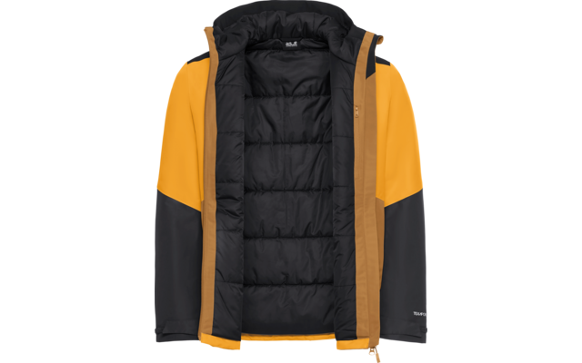 Gelb-schwarze, geöffnete Steppjacke mit Kapuze und schwarzem, gestepptem Innenfutter; sichtbarer Reißverschluss