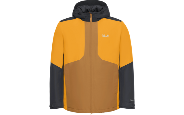 Gelb-braune Kapuzenjacke mit Reißverschluss, dunklen Ärmeln und Logo auf der Brust