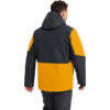Person von hinten mit kurzer brauner Frisur, trägt zweifarbige Kapuzenjacke (dunkelgrau und gelb) und dunkle Hose