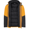 Gelb-schwarze, geöffnete Steppjacke mit Kapuze und schwarzem, gestepptem Innenfutter; sichtbarer Reißverschluss