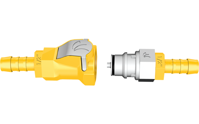 Zwei gelbe Schlauchverbinder nebeneinander; links ein Verbinder mit grauem Hebel und Schlauchtülle, rechts ein Verbinder mit silberner Metallkupplung und gelber Schlauchtülle mit "1/2"-Markierung