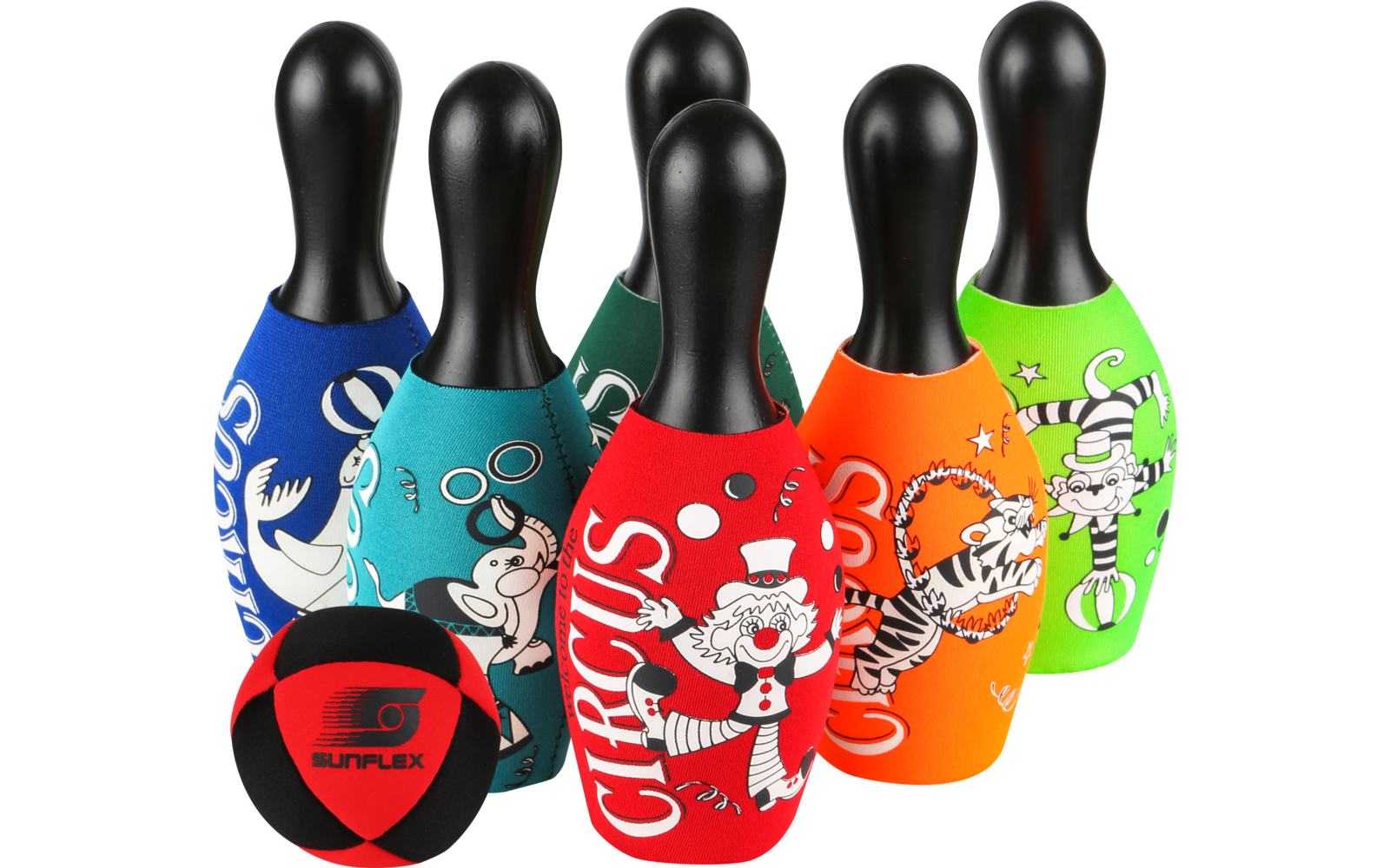 Fünf bunte Bowling-Pins mit verschiedenen Mustern und eine schwarze Bowlingkugel mit rotem Streifen