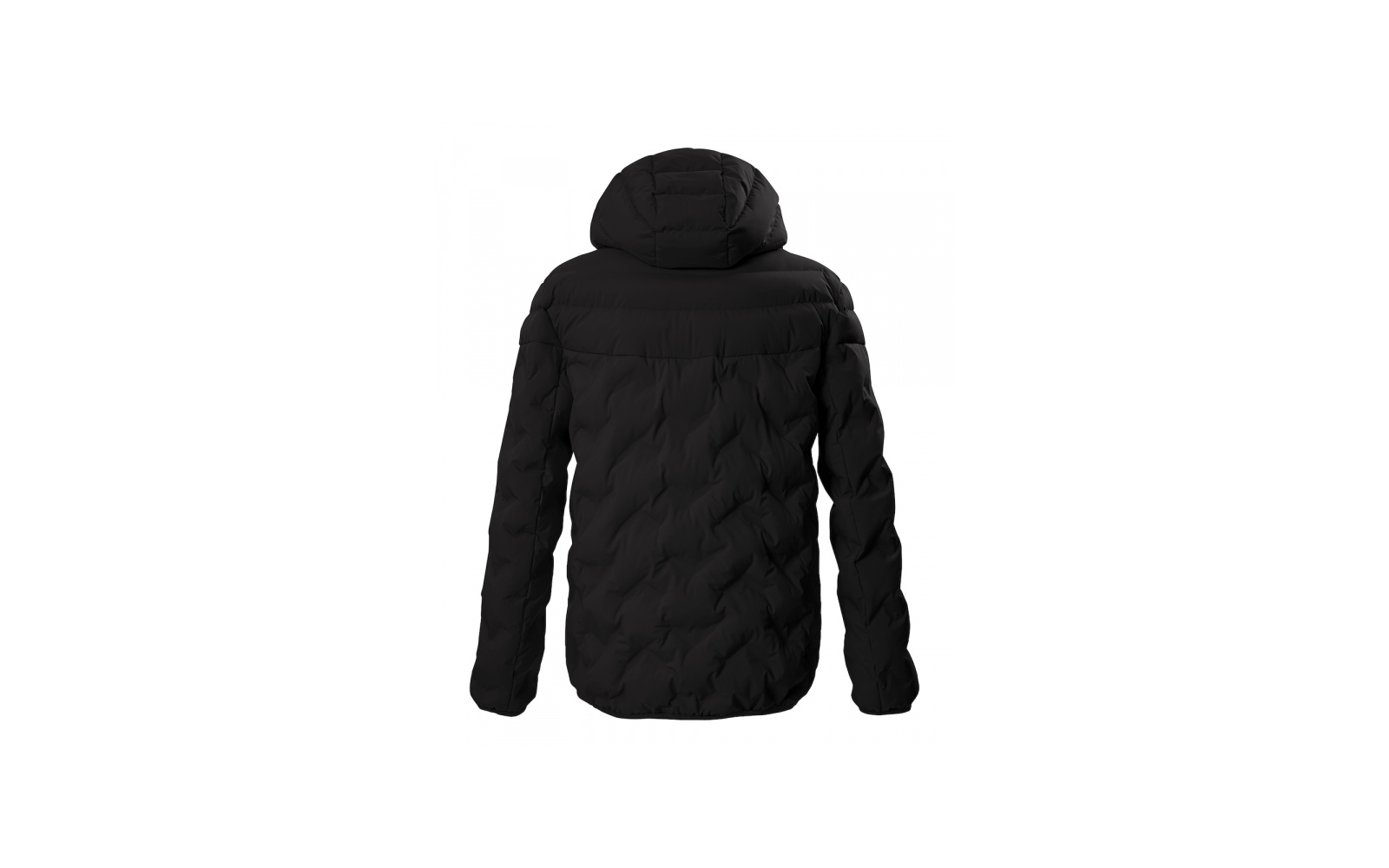 Schwarze gesteppte Jacke mit Kapuze, Rückansicht, lange Ärmel, weißer Hintergrund
