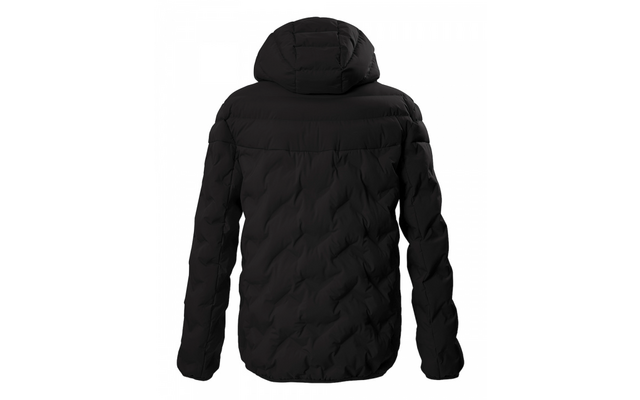 Schwarze gesteppte Jacke mit Kapuze, Rückansicht, lange Ärmel, weißer Hintergrund