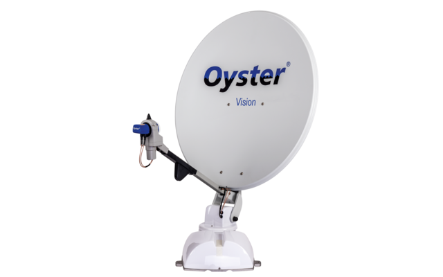 Weiße Satellitenschüssel mit dem Schriftzug Oyster, montiert auf einer Halterung