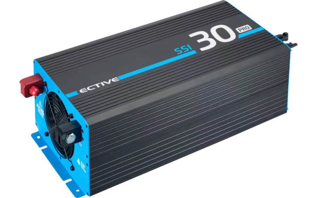 Onduleur noir avec côtés bleus et un ventilateur intégré