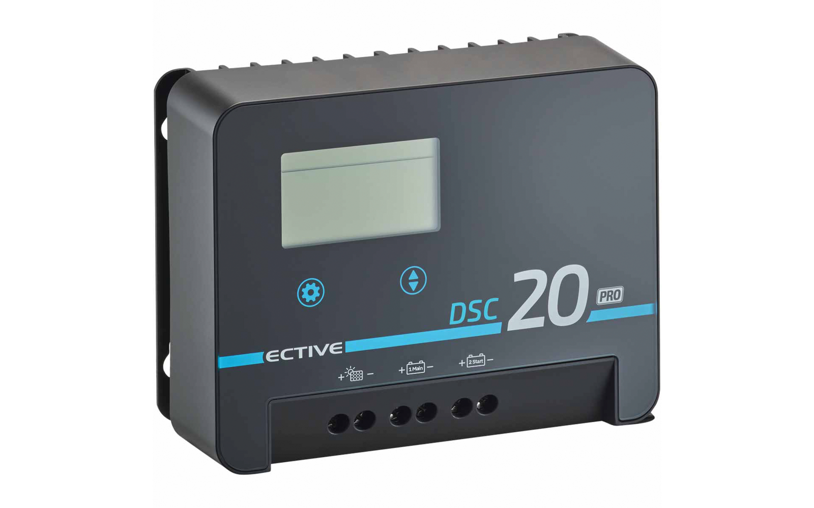 Schwarzes rechteckiges Gehäuse mit kleinem LCD-Display oben links, zwei Bedien-Icons, Schriftzug 'DSC 20 PRO', blauer Streifen und fünf runde Anschlussoffnungen unten