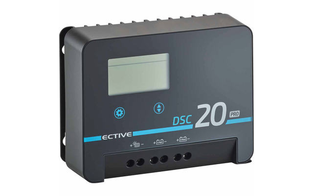 Schwarzes rechteckiges Gehäuse mit kleinem LCD-Display oben links, zwei Bedien-Icons, Schriftzug 'DSC 20 PRO', blauer Streifen und fünf runde Anschlussoffnungen unten
