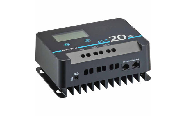 Graues rechteckiges Elektronikgehäuse mit Display, Tasten, Anschlussbuchsen, Lüftungsschlitzen, Kühlrippen und Aufdruck 'DSC 20'