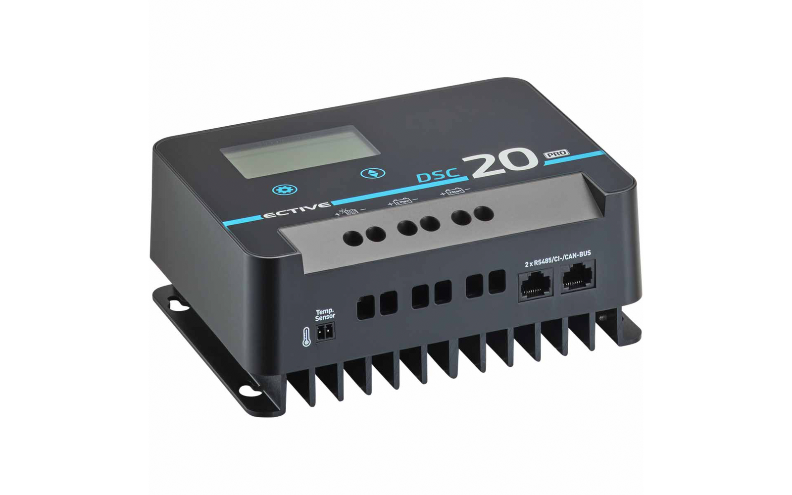 Graues rechteckiges Elektronikgehäuse mit Display, Tasten, Anschlussbuchsen, Lüftungsschlitzen, Kühlrippen und Aufdruck 'DSC 20'