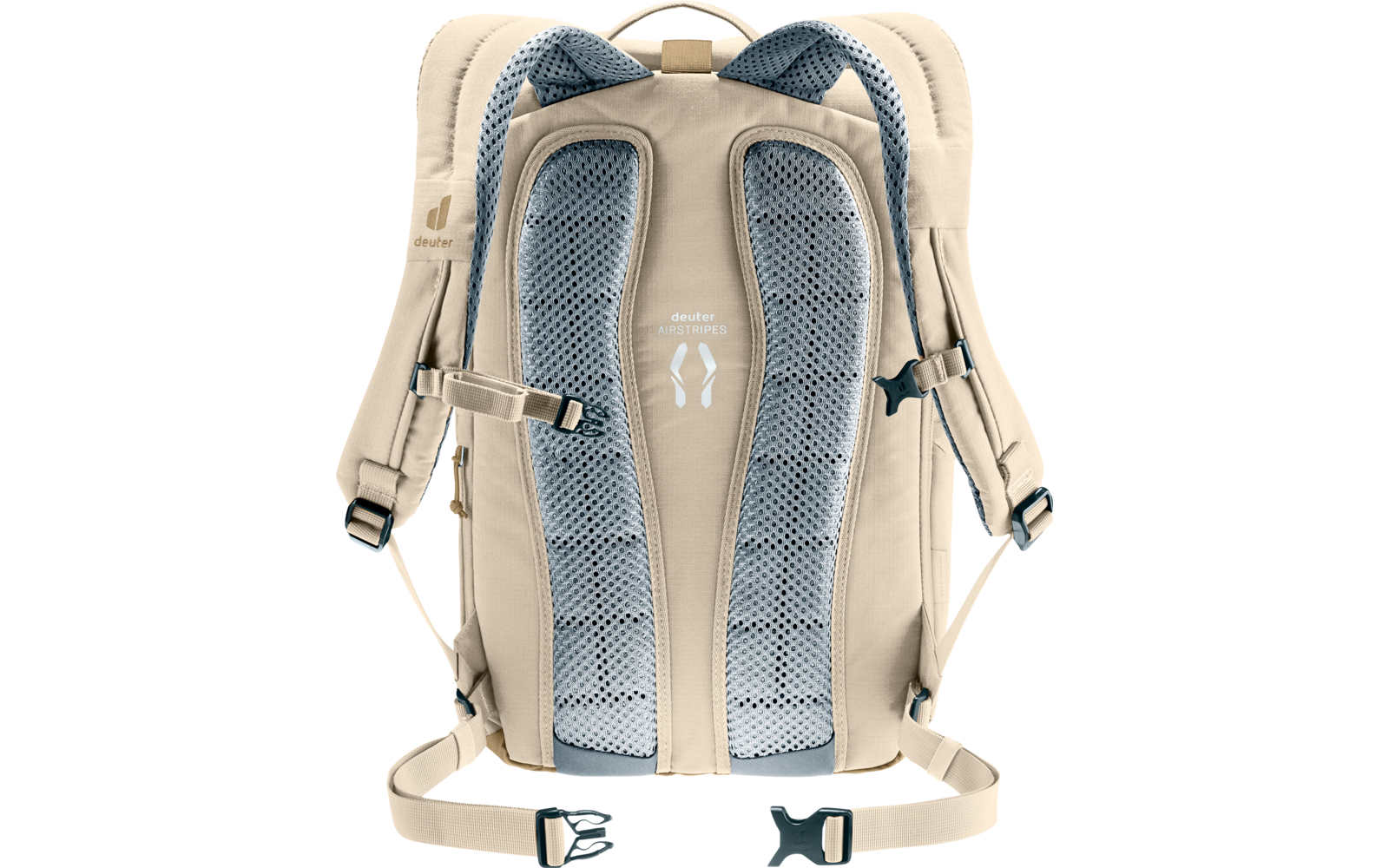Beiger Rucksack, Rückansicht, zwei vertikale graue Mesh‑Polster in der Mitte, verstellbare Schulterriemen mit Schnallen, Brust- und Hüftgurt, oberer Tragegriff