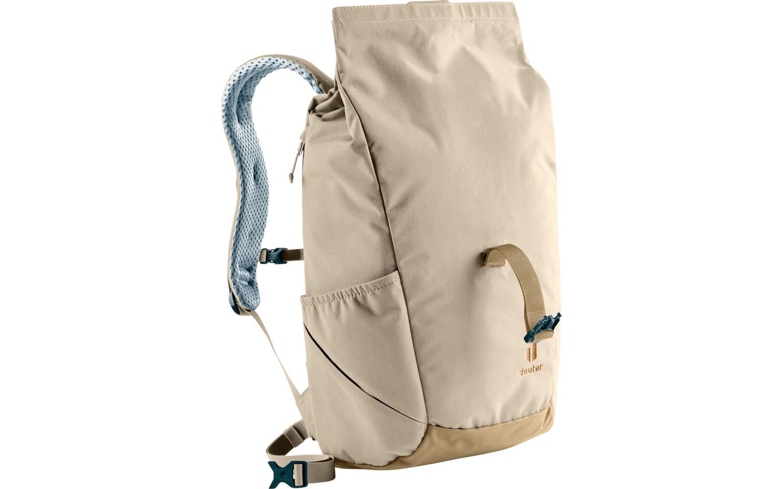 Beiger Rucksack mit großer Klappe oben, seitlicher Außentasche, hellblau gepolstertem Schulterträger und hellbraunem Boden