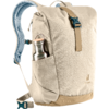 Beige Rucksack mit Frontriemen, blauen gepolsterten Schulterriemen und seitlicher Tasche mit Metalltrinkflasche